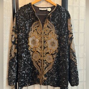 NIGHT VOGUE Vintage 80s/90s Black Gold Beaded Sequin 100% Silk Evening Jacket